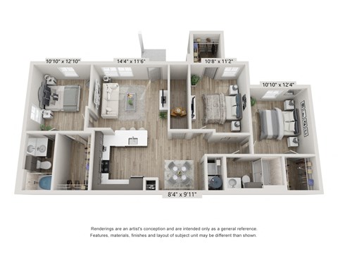 Floor plan for 3 beds, 2 baths, 1234 sqft